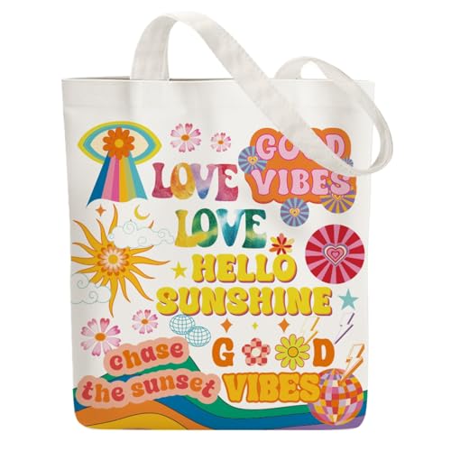 ANATTASOUL Bolsa de lona Boho Elements reutilizável de algodão para mulheres, bolsa de ombro de tecido durável com bolsos com zíper para compras, férias, trabalho, academia