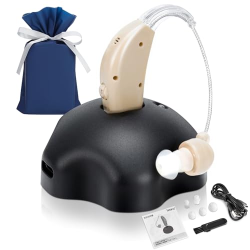 高齢者用音声集音器 充電式、イヤホックタイプ、両耳用、4 段階の音量調整、操作簡単、低ノイズ、音質が明瞭、感度が高い、小型軽量、使いやすい、お父さん・お母さんへの孝行プレゼント 母の日・父の日に イヤカップ付きの贈り物 (金色 + 花の台座)