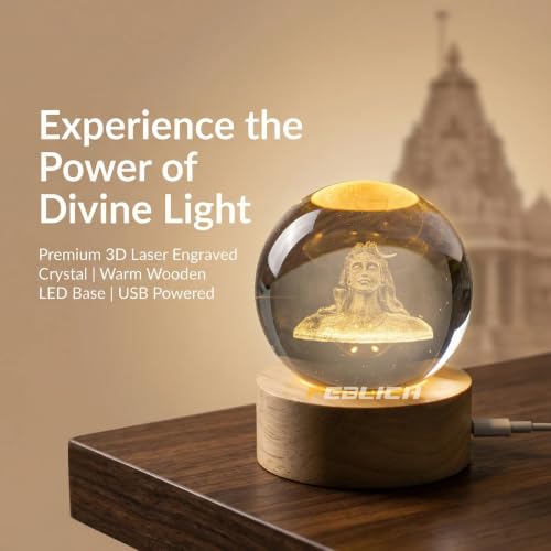 Image of 3D Adiyogi Crystal Ball Night Lamp | Shiv Crystal Ball Night Light | Solar System USB Table Colorful LED Wooden Crystal Ball For Home, Office, Birthday Gift