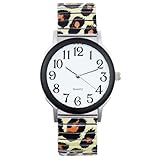VeraRose Womens Watch Leopard Print Stretch Expandable Watches for Women Easy to Read Large Face Wrist Watch Reloj de Mujer Ladies Fashion Accessory Black Watch