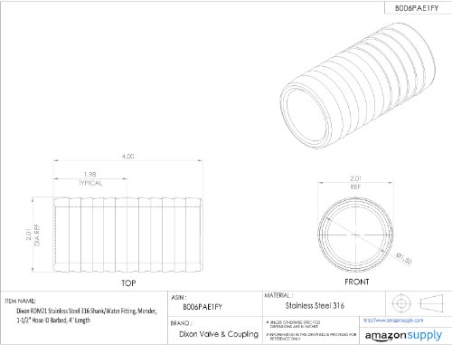 Dixon RDM21 Stainless Steel 316 Shank/Water Fitting, Mender, 1-1/2" Hose ID Barbed, 4" Length