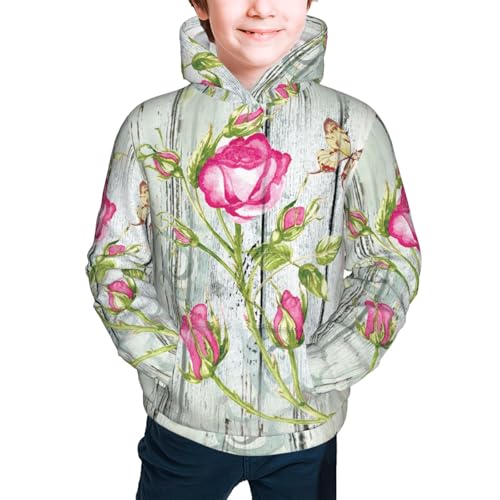 Vintage Wood Background with Floral Kid Hoodies Boys Sweatshirts Girls Pullover with Pocket3