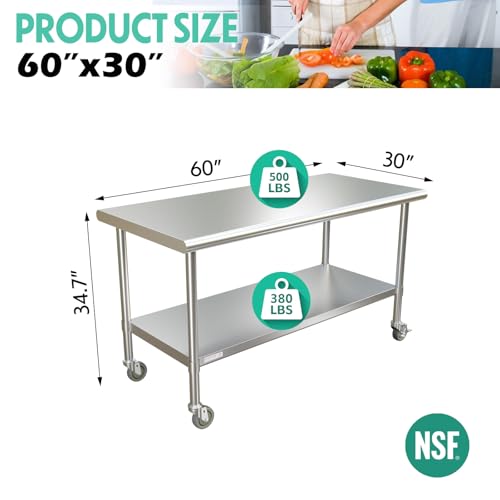 Image of STABLEINK NSF Stainless Steel Table with Wheels 60x30 Inches 5ft, Metal Prep & Work Table with Adjustable Undershelf, for Commercial Kitchen, Restaurant, Laundry and Garage