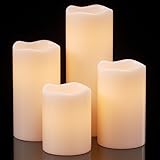 Eldnacele Waterproof Flameless Flickering Candles with 6 Hours Timer, Indoor Outdoor White LED Plastic Battery Operated Pillar Candles Pack of 4 for Wedding Festival White, D3”x H4” 5” 6” 8”