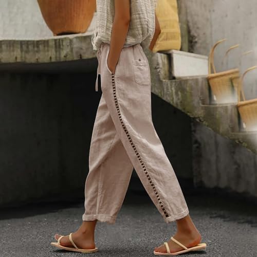 LCMTWX Womens Wide Leg Linen Pants 2025 Linen Elastic Seven Pants Beach Casual Pants Linen Capri Pants 2025 Pants with3