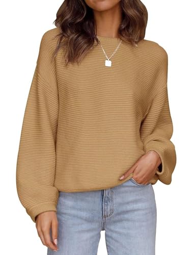 Image of ZESICA Women's Crew Neck Long Lantern Sleeve Fall 2026 Casual Loose Ribbed Knit Solid Soft Pullover Sweater Tops