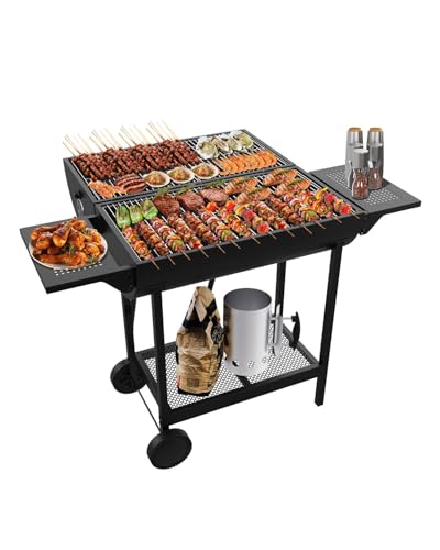 Parrilla extragrande de carbón vegetal con mesas laterales plegables para cocinar al aire libre y entretenimiento