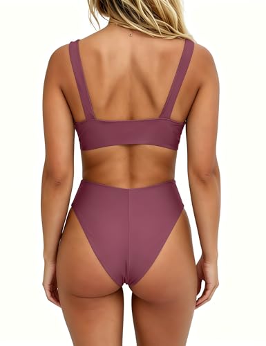 Image of geluboao Bikini Set for Women Solid V Neck Knot Front Push Up High Leg Thong Two Piece Swimsuit