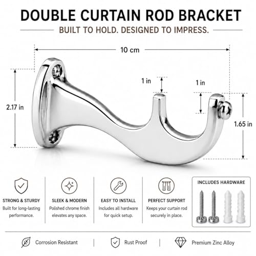 Image of Elite Aluminum Curtain Rod Brackets - Heavy-Duty Wall Mount Clamps for Curtain Rod Support for Door and Window Curtain Rods with Screw and Wall Plug - Pack of 2PCS (Royal Chrome Silver)