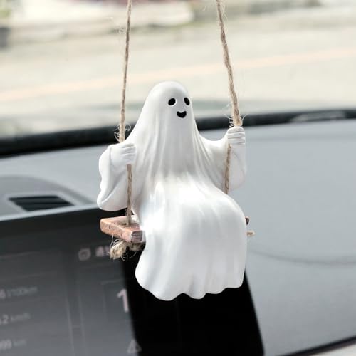 YGMONER Cute Swinging Ghost Car Mirror Hanging Ornament Halloween Car Interior Accessories (Ghost)