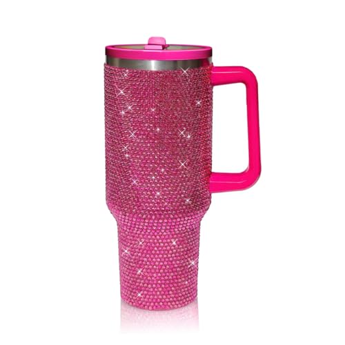 Image of 40 Oz Rhinestone Tumbler with Handle and Flip Straw | Insulated Stainless Steel Double Layer Bling Tumbler | Leak Proof Glitter Tumbler for Women | Reusable 1200ml Travel Bling Cups Fuschia