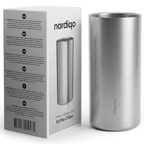 Nordiqo Rafraîchisseur de Bouteille en Inox Double Paroi | Seau à Vin 24cm Extra Haut & Fin | Insert Silicone Silencieux & Base Antidérapante | Champagne