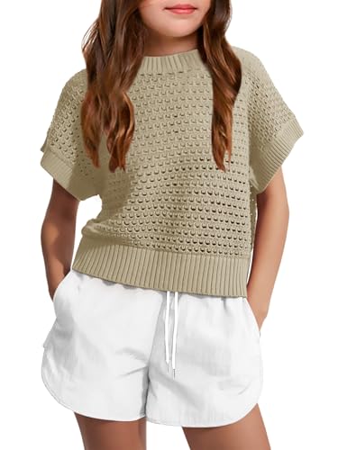Haloumoning Girls Short Sleeve T Shirt Crewneck Knit Crop Top Hollow Out Pullovers Sweater 5-14 Years, Khaki, 5-6 Years