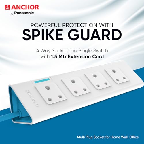 Image of anchor by panasonic 22061 6A Power Strip 4 Socket Spike Guard with Single Switch (1.5 m, White and Blue)