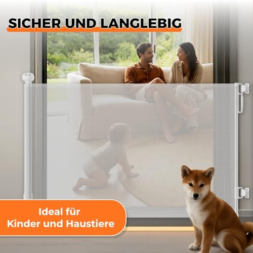 Allyson® Treppenschutzgitter Ausziehbar, Türschutzgitter bis 140 cm Treppengitter für Kinder & Haustiere, Kinderschutzgitter 85 cm Höhe, Haustierschutzgitter Einziehbar, Verstellbar & Stabil – Weiß