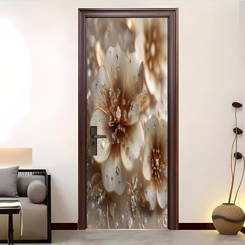Pegatina Decorativa 3D Para Puerta 95x215 cm Preciosas Flores Tridimensionales Vinilo Autoadhesivo Pegatinas para Puertas Beige Impermeable para Dormitorio BañO, Cocina Y Oficina