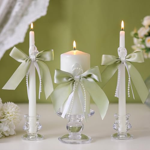 3 Pcs Unity Candles with Satin Bow and Glass Candle Holder Boho W...