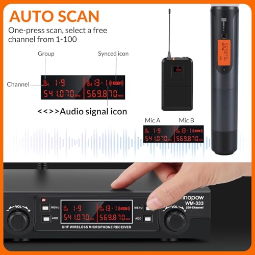 Image of innopow 200-Channel Wireless Microphones System, Wireless Lavalier Microphone, Dual UHF Bodypack Cordless Lavalier Mic System Set, Auto Scan, Long Range 200-240Ft, 16 Hours Ideal for Church (Black)