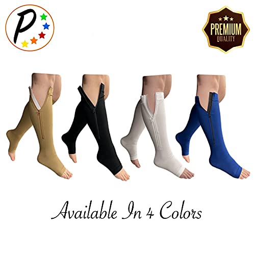 Image of Presadee Premium 20-30 mmHg Firm Compression Leg Calf YKK Zipper White Socks (Open Toe, 3)