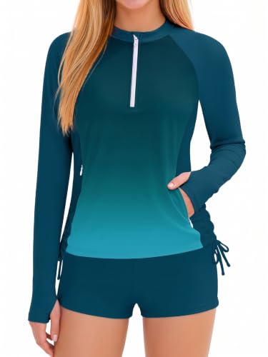 Image of Girls Rash Guard Swimsuit Long Sleeve Swim Shirt with Pockets UPF 50+ 7-16Y
