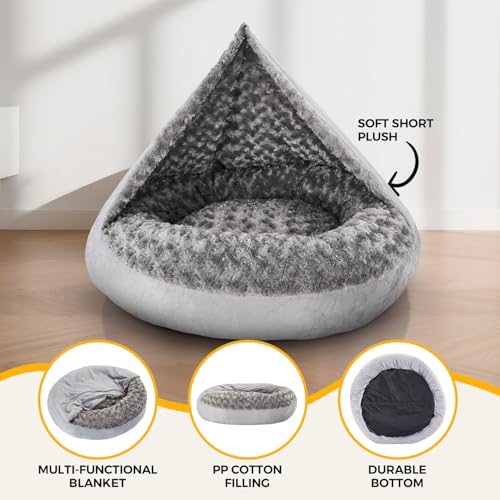 Small Dog Bed with Blanket Removable Cover Cave Washable Cat Pet Bed for Crate Toy Puppy Donut Round Plush Cozy Anti-Slip Bottom Gray 23X23X7 inch - Image 6
