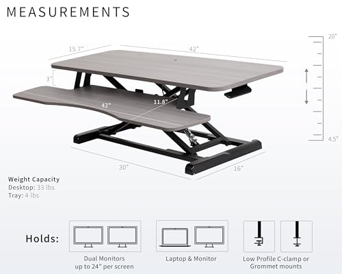 Image of VIVO 42 inch Desk Converter, K Series, Height Adjustable Sit to Stand Riser, Dual Monitor and Laptop Workstation with Wide Keyboard Tray, Gray Top, Black Frame, DESK-V042KG