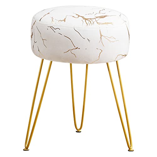 LUE BONA Vanity Stool, Gold Vanity Stools for Makeup Room, Round Ottoman Foot Stool, Velvet Footrest Vanity Chair for Bathroom Vanity, Bedroom, Living Room, Entryway, Offices, 300lbs