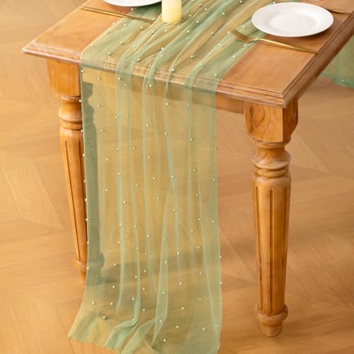 Image of MLMC Sage Green Pearl Table Runner Boho Rustic Tulle Table Runner with Pearls 10ft 29 inchx120 inch Cheesecloth Table Decor for Wedding Bridal Shower Anniversary Home Decoration