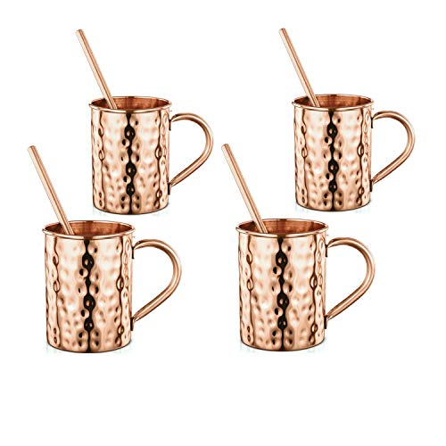 AVADOR Handcrafted Cylindrical Shape Straight 100% Pure Copper Moscow Mule Mugs Hammered Finish 16 Oz. Gift Set (Set of 4)