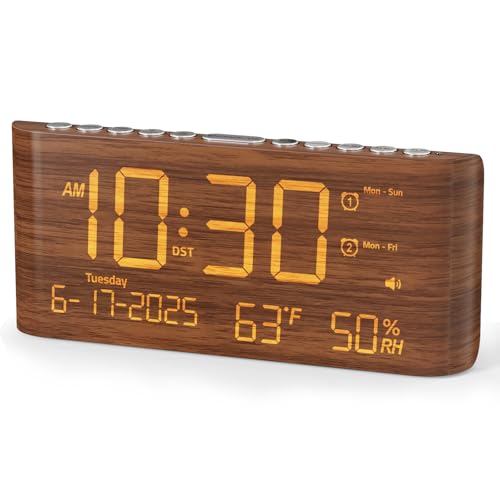 Raynic Digital Alarm Clock Dual Alarms 8.7 Large LED Display USB & Type-C Charging Ports Temperature & Humidity Display 5-Level Dimmer & Volume for Bedroom & Home Office Dark Wood Grain Finish