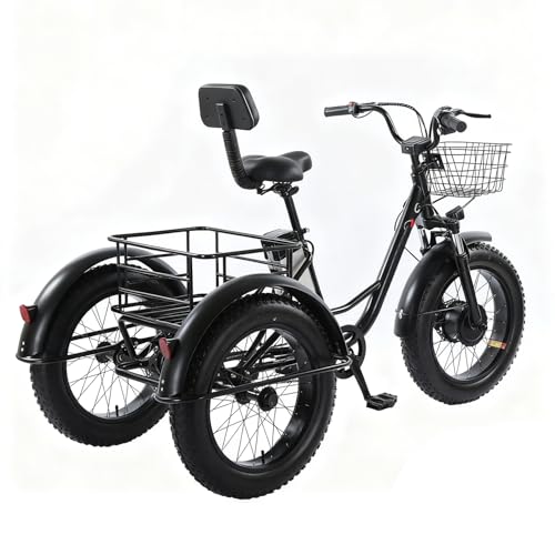 flatpincololee Triciclo eléctrico para Adultos de 20' x 4.0' con neumáticos Anchos, Power de 48 V y 12 Ah, Motor de 350 W, con Cesta Grande, luz LED y Amortiguador, no Plegable, Requiere Montaje.