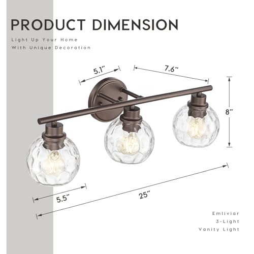 EMLIVIAR 3 Light Bathroom Vanity Light, Indoor Wall Sconces with Water Ripple Globe Glass, Farmhouse Bath Vanity Lighting in Oil Rubbed Bronze Finish with E26 Bulb Base, YE295BG-3W ORB by EMLIVIAR - Image 6