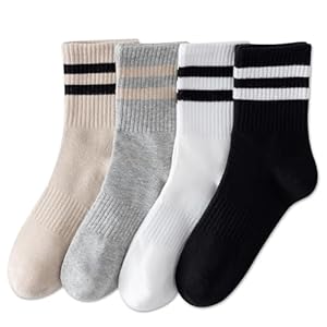 YUWELL Calcetines a rayas para mujer, calcetines casuales de algodón acogedores para mujer, 4 pares, talla 5-10