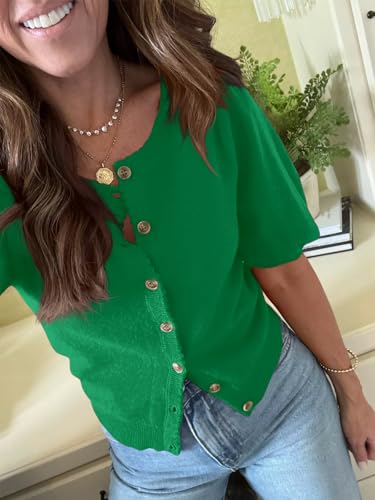 Image of Saodimallsu Womens Puff Short Sleeve Cardigan Lightweight Summer Button Down Shirts Knit Crew Neck Sweater Tops