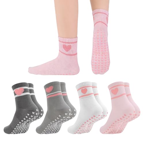 Image of Jspupifip 4 Pairs Pilates Grippy Socks for Women, Long Non Slip Yoga Socks with Grips Crew Socks for Pilates Barre Hospital
