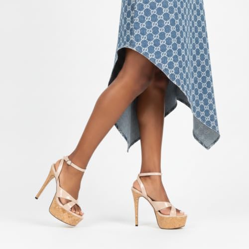 Image of Esvowido Heeled Mules for Women Cork Platform Stiletto Heels Slip on Open Toe High Heeled Sandals Crisscross Slippers Pumps Shoes