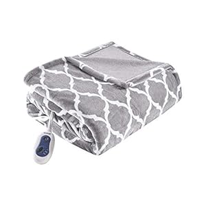 Beautyrest Ogee Printed Plush Electric Blanket for Cold Weather, Fast Heating, Auto Shut Off, Virtually Zero EMF, Multi Heat Setting, UL Certified, Machine Washable, Grey Oversized Throw 60×70
