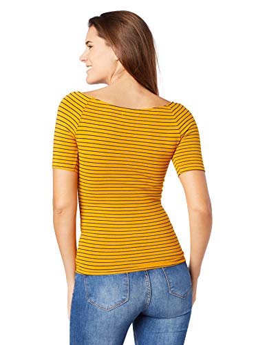Camiseta Básica Listrada, Hering, Feminino, Amarelo/Marinho, G