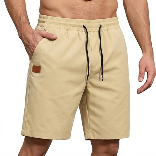 Misfuso Short Bermuda Homme en 100% Coton, Short Sport Homme Décontracté Casual Léger Respirant, Taille Élastique Loose Fit Kaki XXL