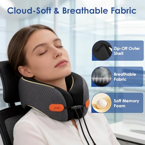 Image of jiaao Travel Pillow Memory Foam Neck Pillow for Airplanes with Adjustable Neck Support, Includes Eye Mask, Earplugs & Storage Bag - Perfect for Flights, Road Trips, and Trains