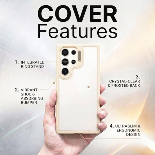 Image of amazon basics Frosted Matte Case for Samsung Galaxy S25 Ultra 5G | Built-in Flip-Out Camera Lens Stand | Translucent Back with Contrast White Bumper | Shockproof Protective Cover