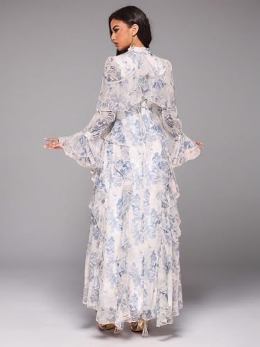 Image of TOLEEN Summer Casual Dresses for Women 2024 Spring Fashion Boho V Neck Long Sleeve Ruffle Floral Print Elegant Maxi Dress