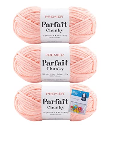Image of Premier Yarns Parfait Chunky Chenille Yarn 3.5 Oz 6 Super Bulky Weight 3 Pack Bundle with Bella's Stitch Place Holders (Peach)