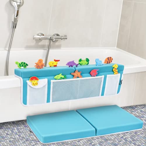 Image of Supa Ant Bath Kneeler -8 Suction Cups & 1.5 inch Padding.Certified Non Toxic Bath Kneeling Pad for Bath Tub & 5 Bath Organizer. Fast Dry Baby Bath Kneeler and Elbow Rest Pad Set Blue