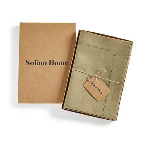 Solino Home Linen Napkins Set of 4 - Medium Weight 100% Pure Linen Hemstitch Kelp Dinner Napkins Cloth 20 x 20 Inch - Handcrafted and Machine Washable