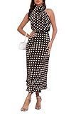 LUNAMODA Women's 2025 Summer Satin Dress Elegant Formal Sleeveless Mock Neck Wedding Guest Cocktail Party Maxi Dresses Brown White Poldot, Large