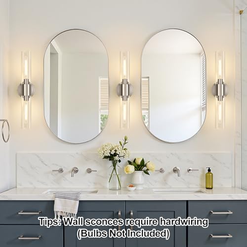 Image of Wall Sconces Set of Two, Brushed Nickel Bathroom Sconces Wall Lighting with Clear Glass, Hardwired Modern Sconces Wall Decor Set of 2 for Bathroom Mirror Bedroom Living Room Hallway
