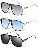 Frienda 3 Pairs Retro Sunglasses for Men Oversized Men Shades Glasses Fashion Alloy Metal Gold Frame Polarized Sun Glasses (Gray,Sliver,Blue)