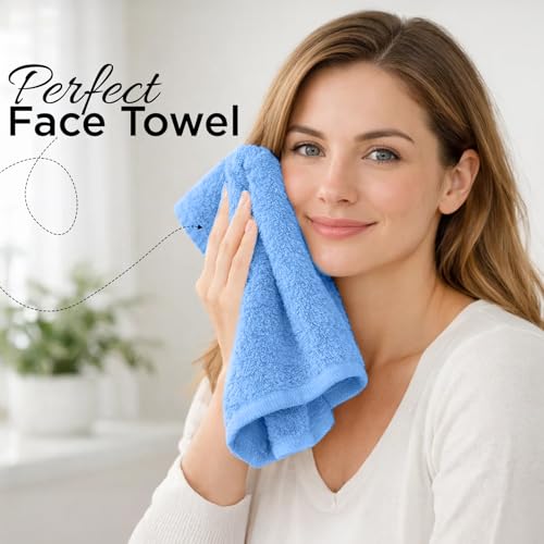 Image of DAN RIVER 12-Pack Premium 100% Cotton Medium Blue Face Towels for Bathroom - Reusable Face Wash Cloths for Showering 12x12 Inches - 550 GSM Super Soft & Absorbent Luxury WashCloths for Body, Spa & Gym