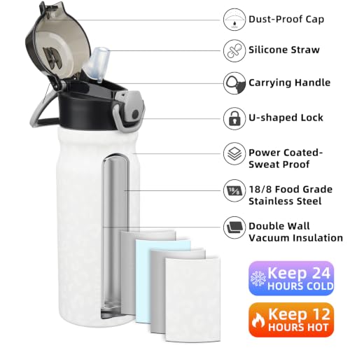 Image of BJPKPK 18 oz Water Bottle with Straw & Handle, Insulated Stainless Flask | Leak Proof Locking Lid, Thermal, Double Wall Vacuum, Metal, Keeps Hot /Cold, BPA Free, Travel & Sports, Cream Leopard